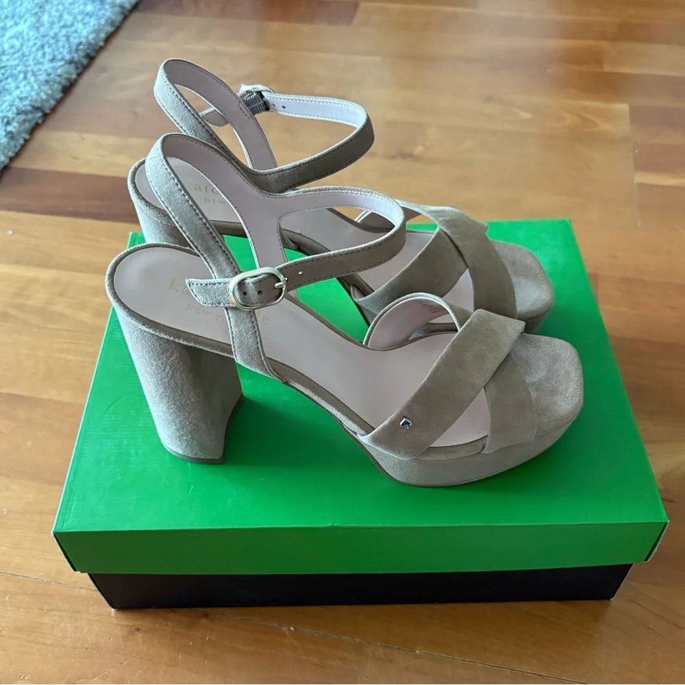 Kate Spade New York Delia Suede Brown Tan Platform Sandals 7.5 Roasted Almond